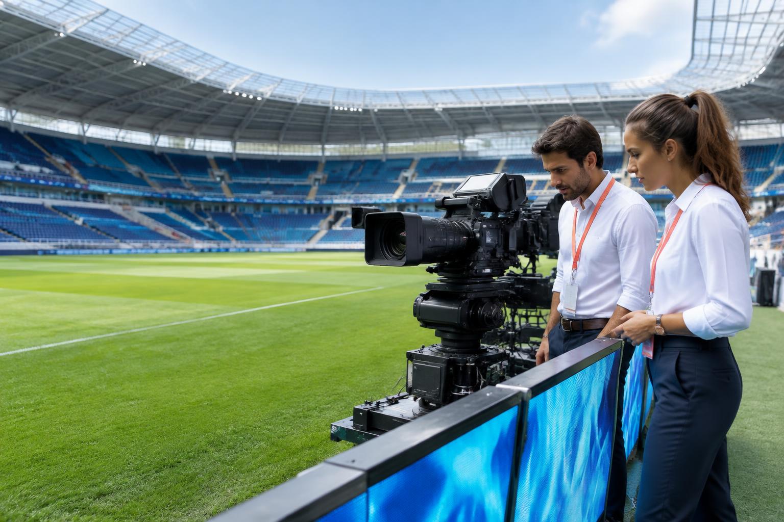 Venue lead and broadcast engineer reviewing pitchside equipment in daylight