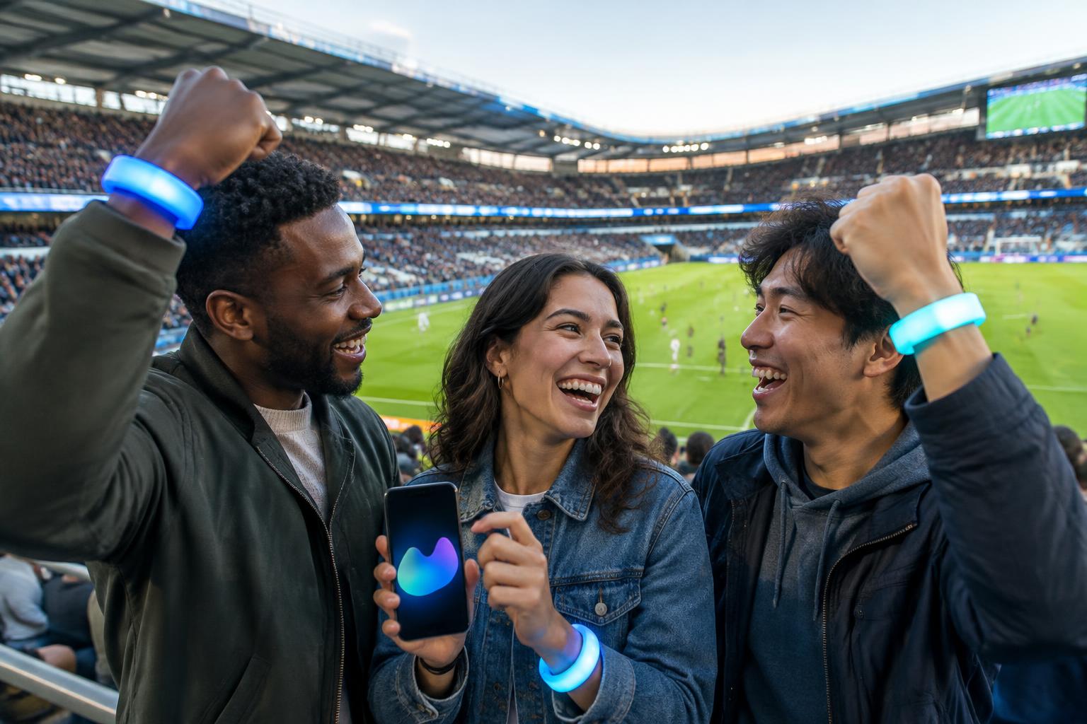 Supporters celebrating together with illuminated blue and cyan wristbands