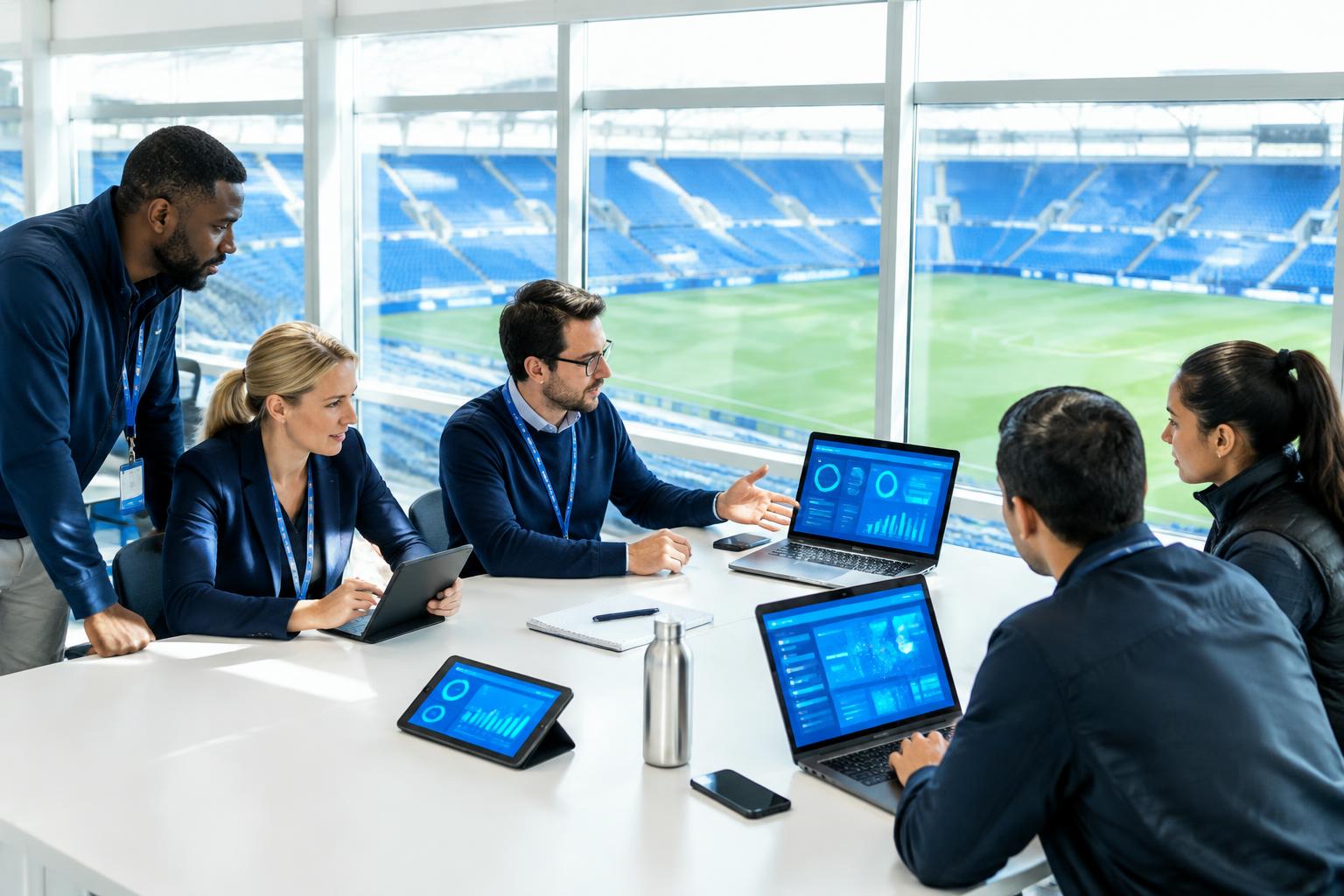 Venue, broadcast and partner team coordinating around shared dashboards overlooking a stadium pitch