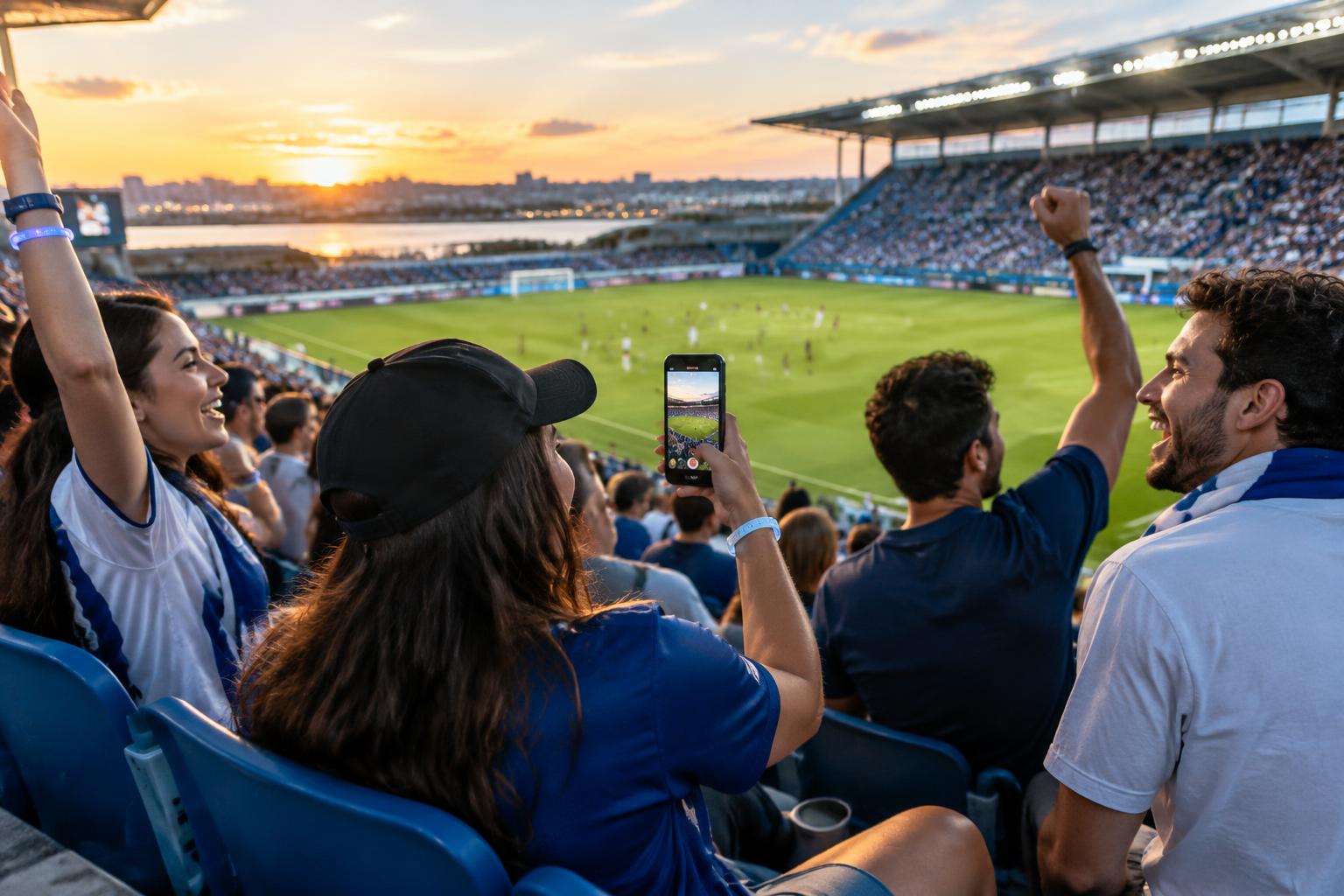 Supporters sharing a match moment on a stadium terrace, with a creator filming vertically